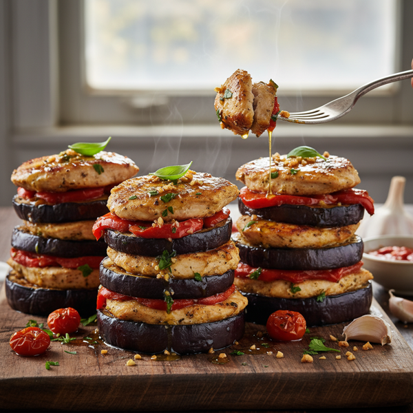 Garlic-Infused Chicken & Eggplant Stacks with Roasted Red Peppers recipe