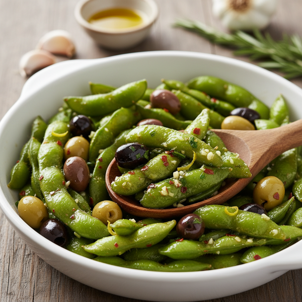 Garlic-Infused Edamame with Olive Medley recipe