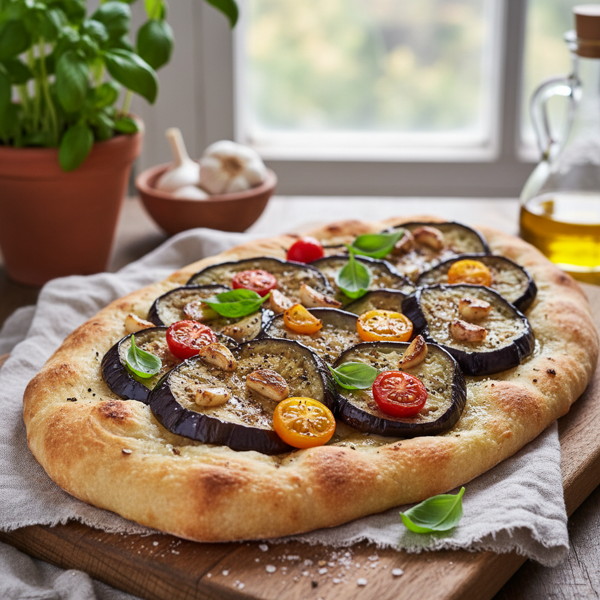 Garlic-Infused Eggplant, Tomato & Basil Flatbread recipe