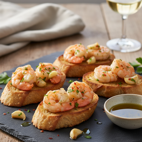 Garlic-Infused Olive Oil Poached Shrimp on Crispy Crostini recipe
