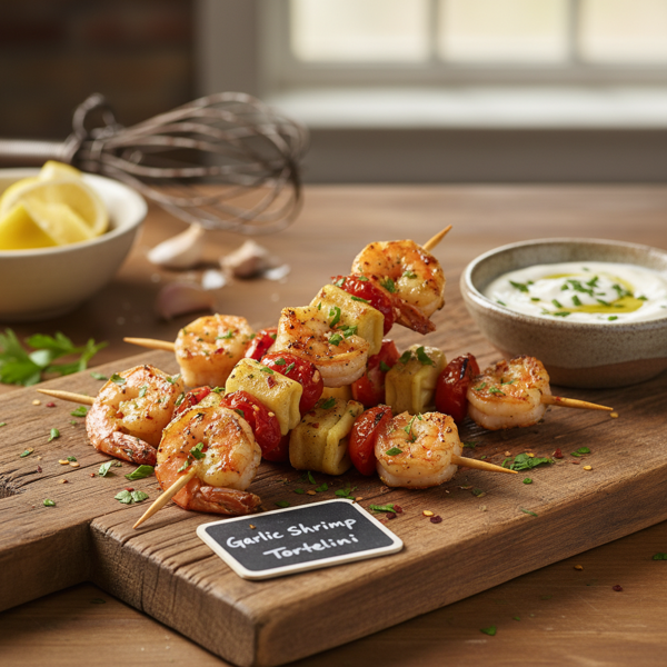 Garlic-Infused Shrimp and Cheese Tortellini Skewers with Creamy Dip recipe