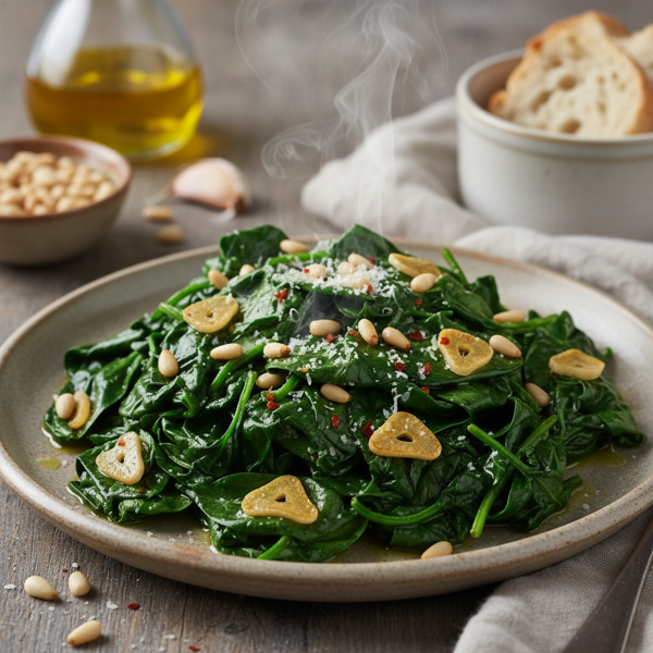 Garlic-Infused Spinach with Toasted Pine Nuts recipe