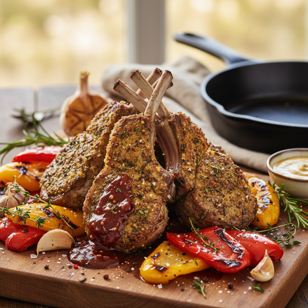 Garlic-Mustard Deviled Lamb Chops with Peppers recipe