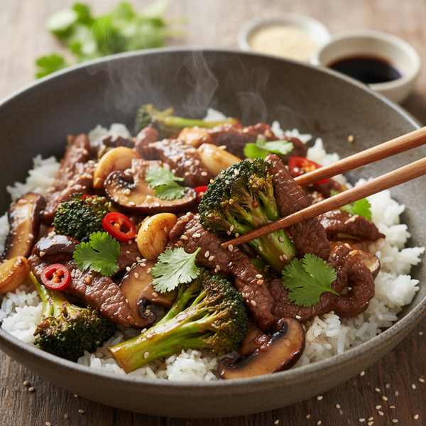 Garlic Beef Stir-Fry with Broccoli and Mushrooms recipe