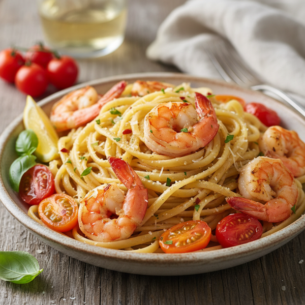 Garlic Butter Linguini with Shrimp and Fresh Tomatoes recipe
