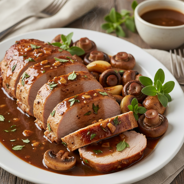 Garlic Marjoram Mushroom Pork Tenderloin with Savory Gravy recipe