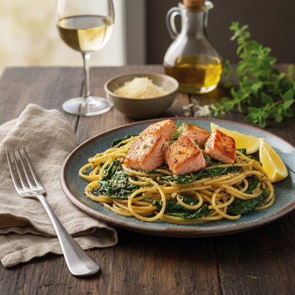 Garlic Oregano Swiss Chard Spaghetti with Salmon recipe