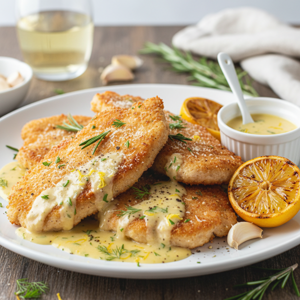 Garlic Parmesan Chicken Schnitzel with Lemon Wine Sauce recipe