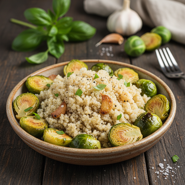 Garlic Quinoa with Basil-Infused Brussels Sprouts recipe