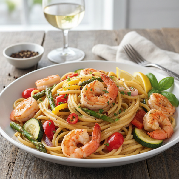 Garlic Shrimp Linguine with Sautéed Vegetables recipe