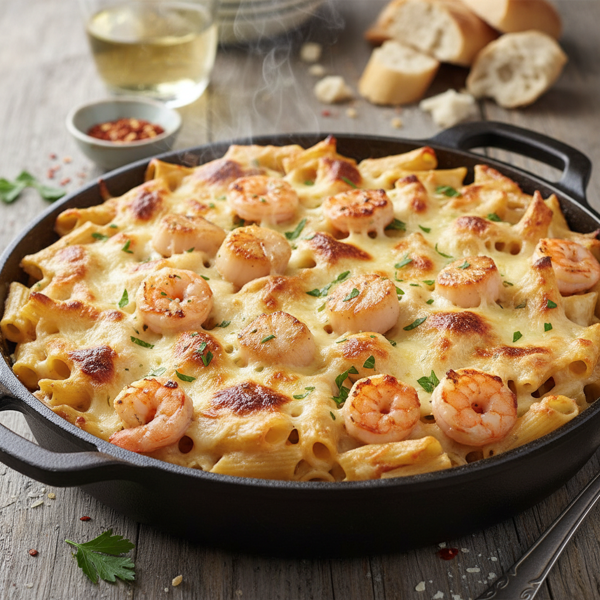 Garlic Shrimp & Scallop Ziti Bake recipe