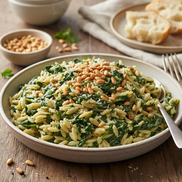 Garlic Spinach Orzo with Toasted Pine Nuts recipe