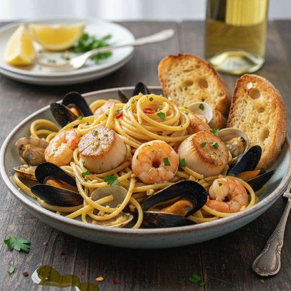 Garlic White Wine Seafood Linguini recipe