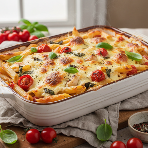 Garlicky Cherry Tomato Basil Pasta Bake recipe