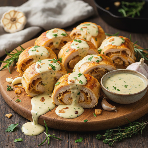 Garlicky Chicken and Cheese Roll-Ups with Savory Garlic Sauce recipe