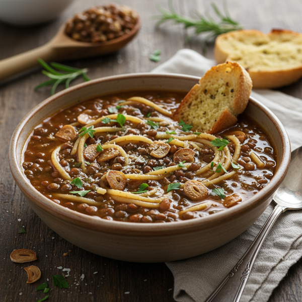 Garlicky Italian Lentil Spaghetti Soup recipe