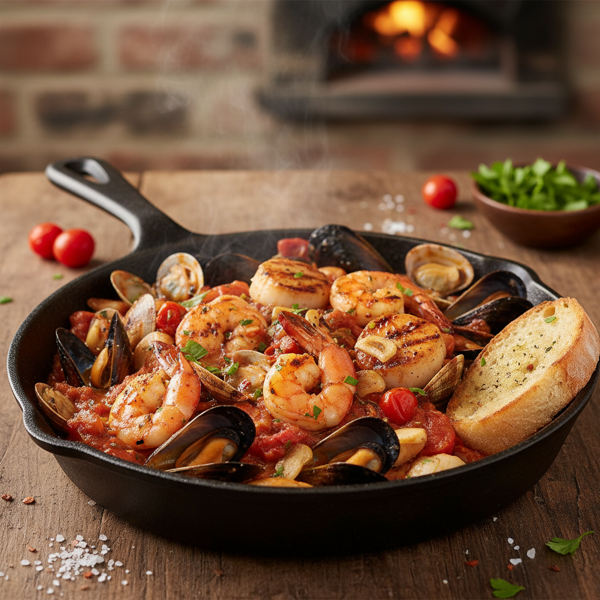 Garlicky Seafood Medley in Fire Roasted Tomato Sauce recipe