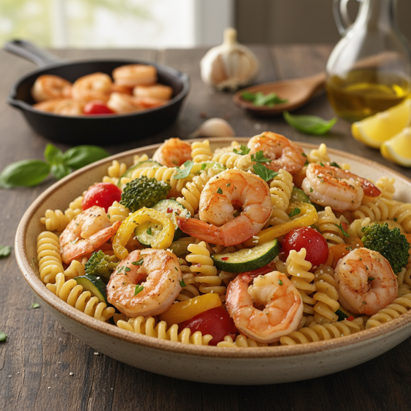 Garlicky Shrimp and Veggie Corkscrew Pasta recipe