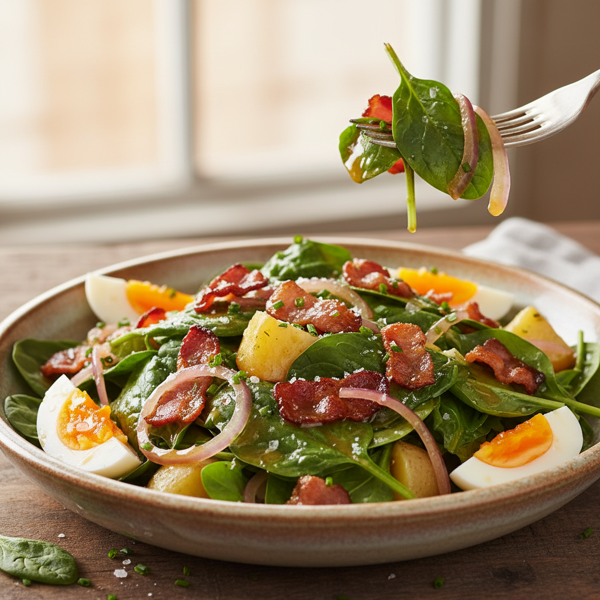 German Spinach Salad with Savory Bacon Vinaigrette recipe