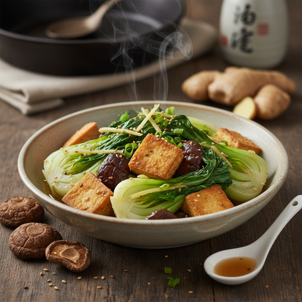 Ginger-Infused Baby Bok Choy with Crispy Tofu and Savory Shiitake recipe