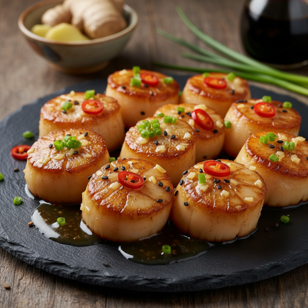 Ginger-Infused Scallop Coins with Savory Oyster Glaze recipe