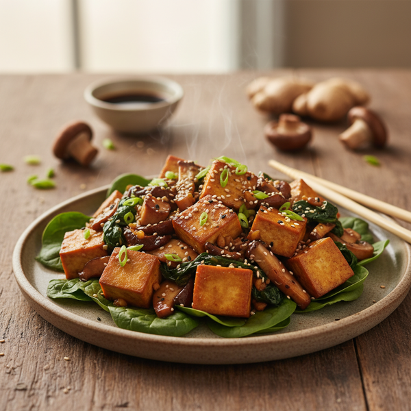 Ginger-Soy Roasted Tofu & Mushrooms on Spinach recipe