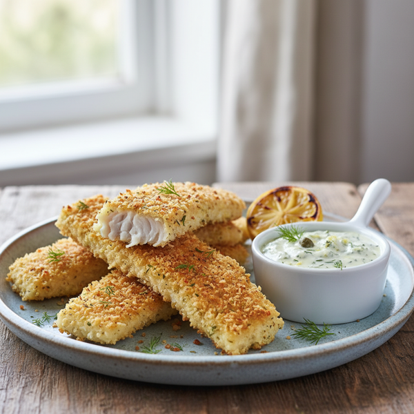 Golden-Brown Baked Tilapia Strips with Zesty Tartar Sauce recipe