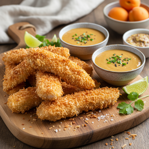 Golden Coconut Chicken Fingers with Apricot-Mustard Dipping Sauce recipe
