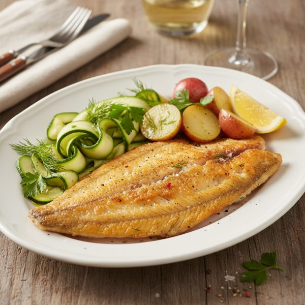 Golden Crispy Sole with Zucchini and New Potatoes recipe