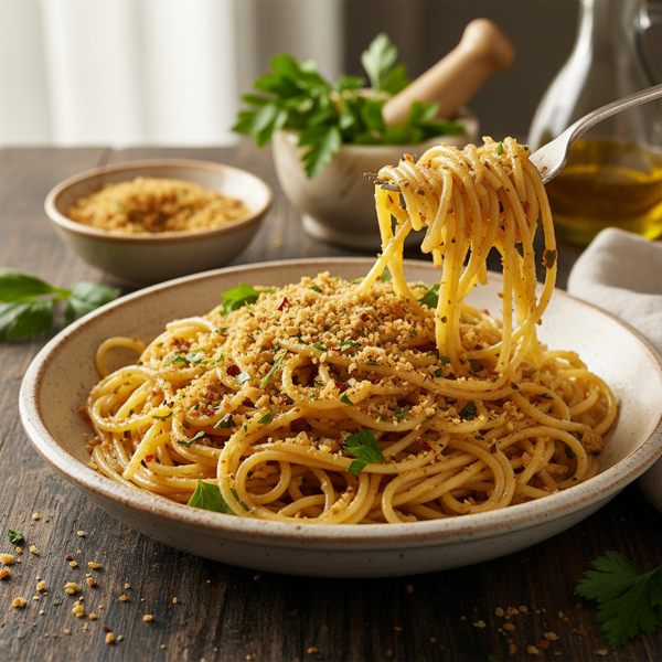 Golden Garlic Spaghetti with Herbed Breadcrumbs recipe