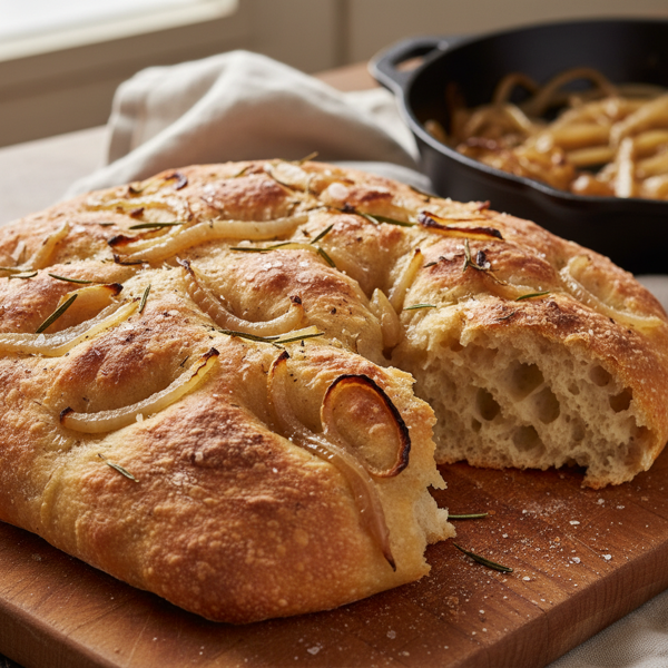 Golden Rustic Sourdough Focaccia with Sweet Caramelized Onions recipe