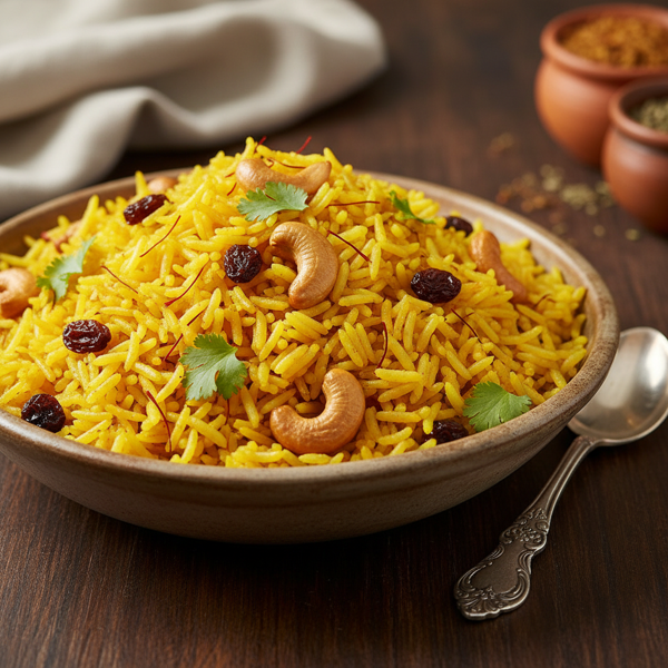Golden Saffron Rice with Cashews and Raisins recipe