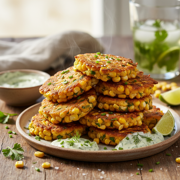 Golden Sweetcorn Fritters with Herb Infusion recipe