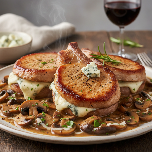 Gorgonzola-Stuffed Pork Chops with Creamy Mushroom Sauce recipe