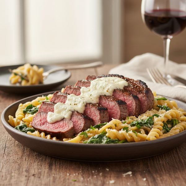 Gorgonzola Grilled Sirloin over Creamy Spinach Pasta recipe