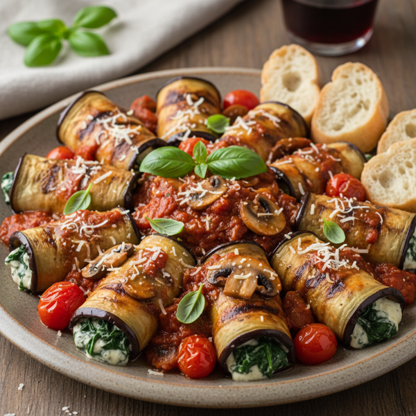 Gorgonzola & Spinach Stuffed Eggplant Rolls with Savory Mushroom Tomato Sauce recipe