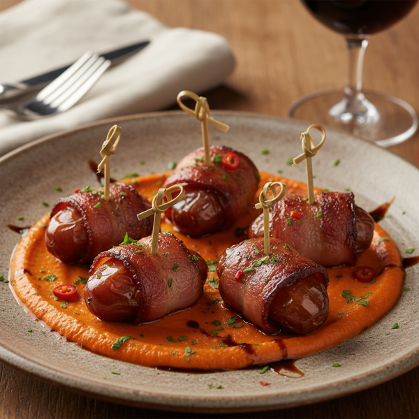 Gourmet Bacon-Wrapped Dates with Roasted Red Pepper Sauce recipe