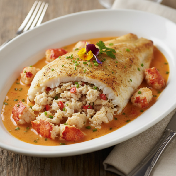 Gourmet Baked Sole with Creamy Crab Stuffing and Lobster Newburg Sauce recipe
