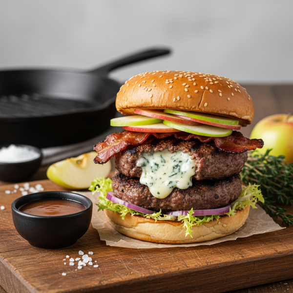 Gourmet Blue Cheese Stuffed Burgers with Crisp Apple and Smoky Bacon recipe