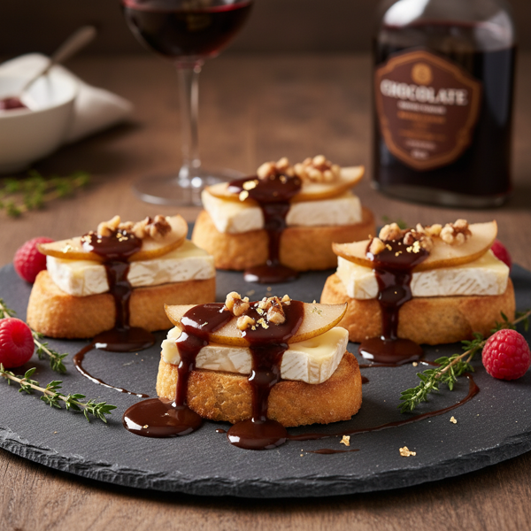 Gourmet Brie and Pear Canapés with Decadent Chocolate Wine Reduction recipe