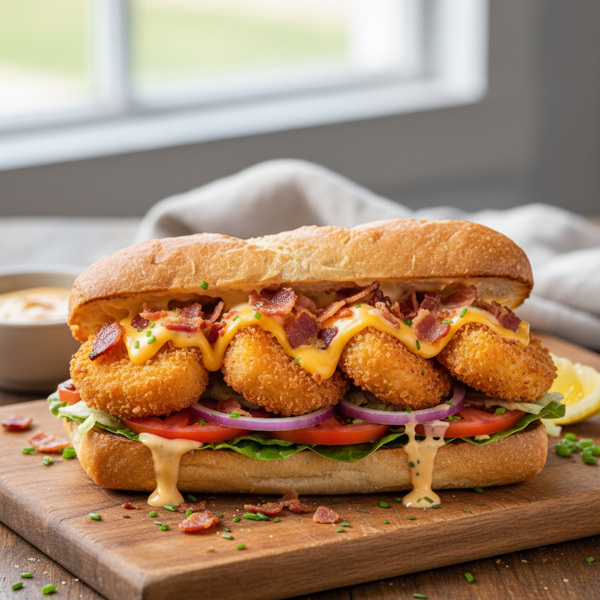 Gourmet Cheddar Bacon Shrimp Po Boys recipe