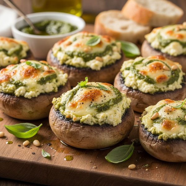 Gourmet Cheese and Pesto Stuffed Mushrooms recipe
