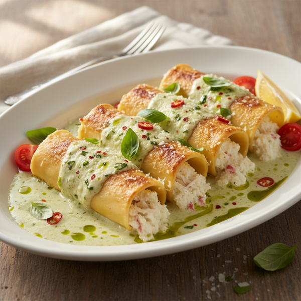 Gourmet Crab & Ricotta Cannelloni with Basil Infusion recipe