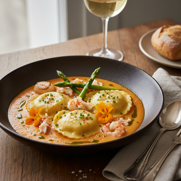 Gourmet Crab and Prawn Ravioli in Rich Seafood Bisque recipe