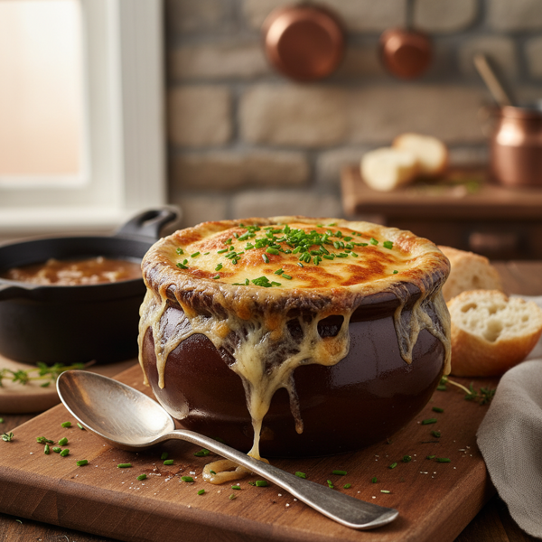 Gourmet French Onion Soup with Provolone Crust recipe