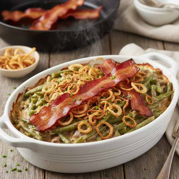 Gourmet Green Bean Casserole with Applewood Bacon and Crispy Shallots recipe