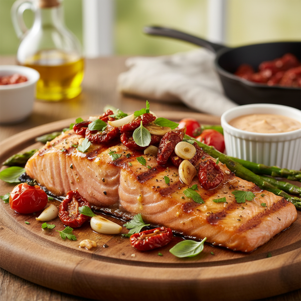 Gourmet Grilled Salmon with Garlic & Sun-Dried Tomato Infusion recipe