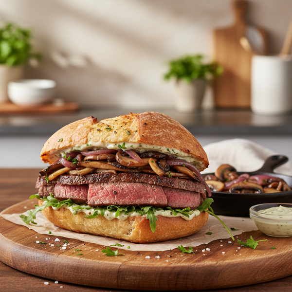 Gourmet Grilled Steak Sandwich with Savory Mushrooms and Onions recipe