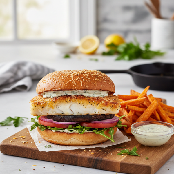 Gourmet Parmesan-Crusted Fish & Portobello Sandwich recipe