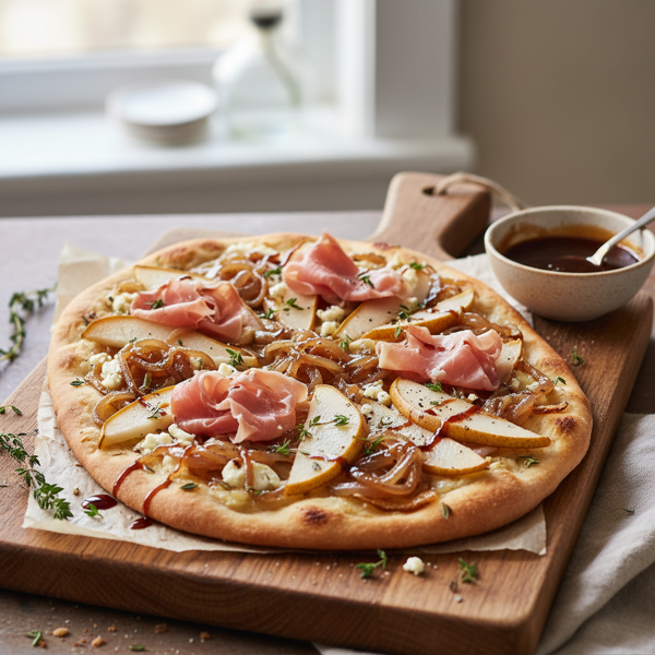 Gourmet Pear and Prosciutto Flatbread with Thyme-Infused Caramelized Onions recipe